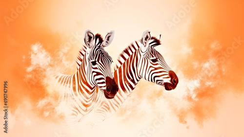 A couple of zebra standing next to each other. Monochrome peach fuzz background.