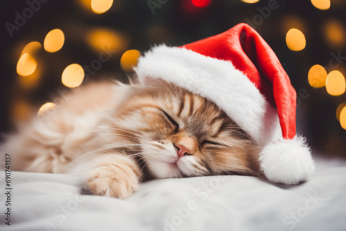 A fluffy ginger cat wearing a Santa hat sleeps peacefully with a backdrop of twinkling Christmas lights.
