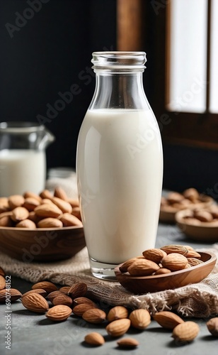 Almonds and a Bottle of Milk on a Table