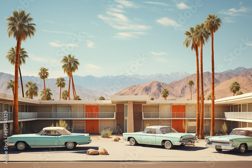 Retro motel exterior with parked vintage cars of travelers. Generative AI