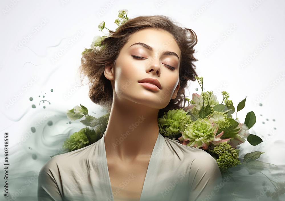 Young beautiful woman relaxing in spa with closed eyes and enjoying silence.Macro.AI Generative. Young beautiful woman relaxing in spa with closed eyes and enjoying silence.Macro.AI Generative.