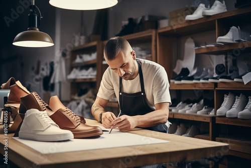 Young man shoes designer doing various daily tasks. Generative AI