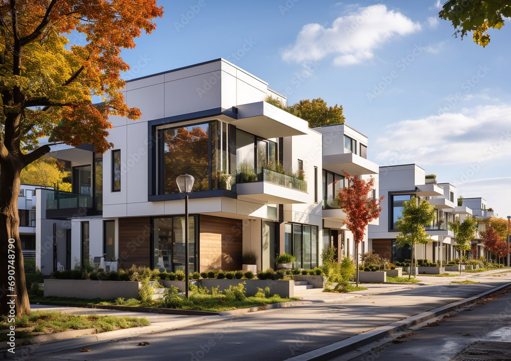 Modern neighborhood with luxury modular townhouses with minimalist exterior in on summer day.Macro.AI Generative.