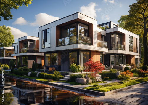 Modern neighborhood with luxury modular townhouses with minimalist exterior in on summer day.Macro.AI Generative. photo