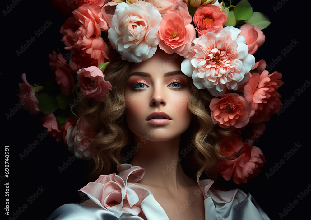 Beautiful woman with makeup and hairstyle with blossom flowers fashion beauty portrait.Macro.AI Generative.