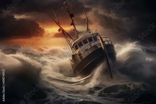 Fishing trawler ship catching strong sea storm floating in waves. Generative AI