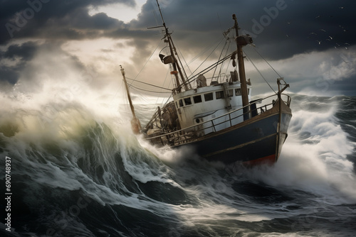 Vintage trawler ship catching strong sea storm floating in waves. Generative AI
