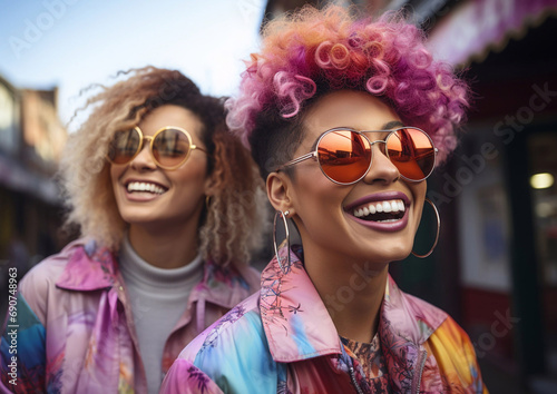 Happy wild young smiling lesbian couple with pink curly hair from LGBT community.Macro.AI Generative.