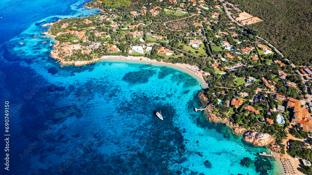Italy summer holidyas . Sardegna island - stunning Emerald coast (costa smeralda) with most beautiful beaches - Celvia, Capriccioli, Elefante. Aerial drone view