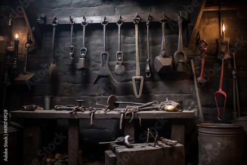 Blacksmith shop interior with different work tools. Generative AI photo