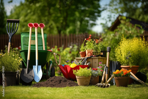Gardening tools stacked on yard outdoors. Generative AI photo