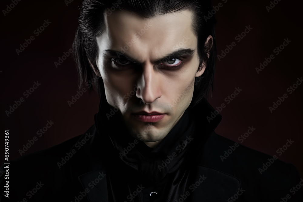 Portrait of handsome vampire man in elegant suit. Generative AI