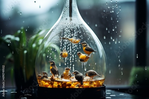 Close-up of a water droplet showing a bustling bird feeder scene, white background, high resolution, avian activity,