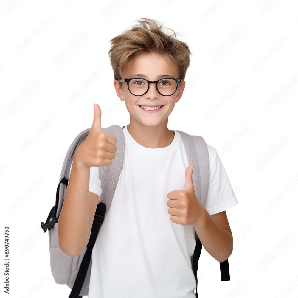 Happy schoolboy with backpack and thumbs up isolated on a white background Happy schoolboy with backpack and thumbs up isolated on a white background