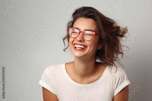Portrait of a happy young woman in glasses on a gray background