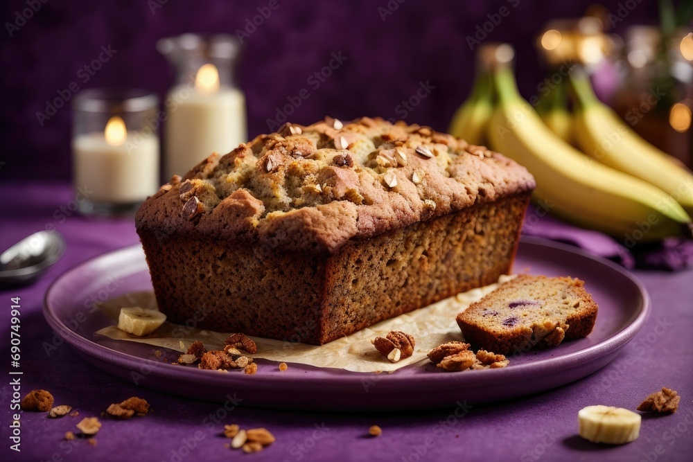 Banana bread on the table on purple background, banana cake with nuts, Banana cake with almonds, bread and banana, bread with banana, Banana muffins, homemade banana pie, banana bread with raisins Banana bread on the table on purple background, banana cake with nuts, Banana cake with almonds, bread and banana, bread with banana, Banana muffins, homemade banana pie, banana bread with raisins