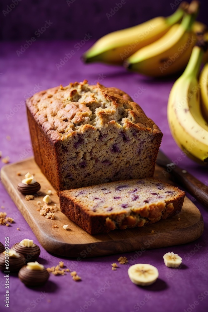 Banana bread on the table on purple background, banana cake with nuts, Banana cake with almonds, bread and banana, bread with banana, Banana muffins, homemade banana pie, banana bread with raisins Banana bread on the table on purple background, banana cake with nuts, Banana cake with almonds, bread and banana, bread with banana, Banana muffins, homemade banana pie, banana bread with raisins