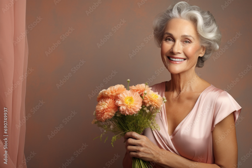 Portrait of smiling senior woman with bouquet of flowers. Portrait of smiling senior woman with bouquet of flowers.