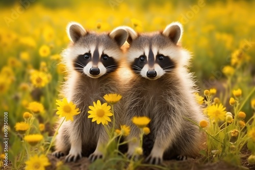 Two cute fluffy raccoons sit together in a sunny spring garden photo