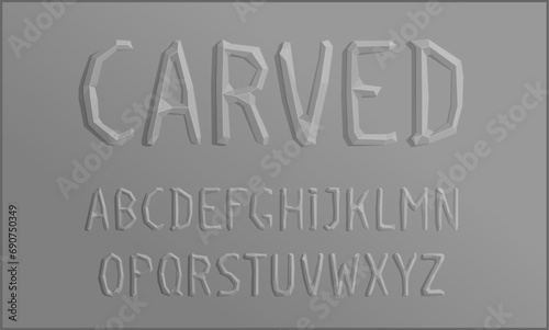 Realistic 3D font made of polygonal polyhedral letters. Imitation of sculptural carved relief. Vector handcraft alphabet