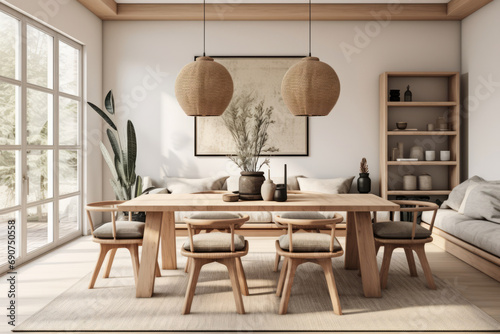 Dining room in a scandinavian style with neutral decor and lamp above the table, minimalist interior style. Generative AI