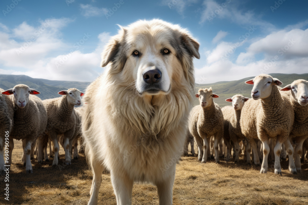 Shepherd dog guarding and leading the sheep flock on a summer day. Generative AI Shepherd dog guarding and leading the sheep flock on a summer day. Generative AI