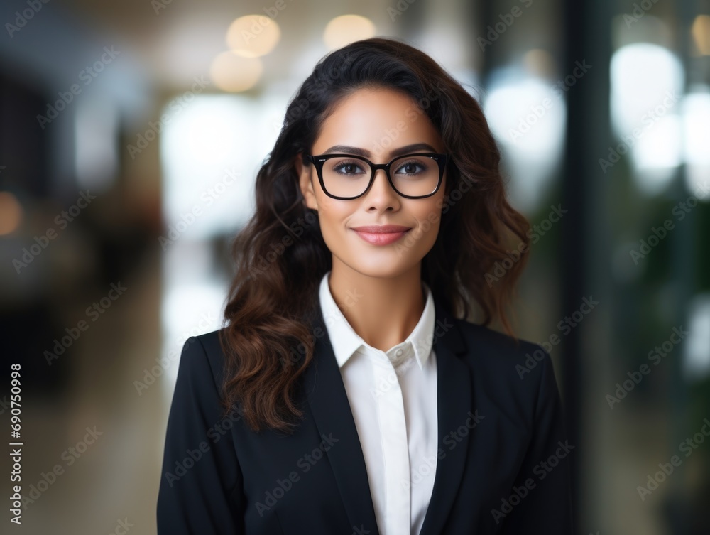 A woman in a business suit and glasses. A woman in a business suit and glasses.