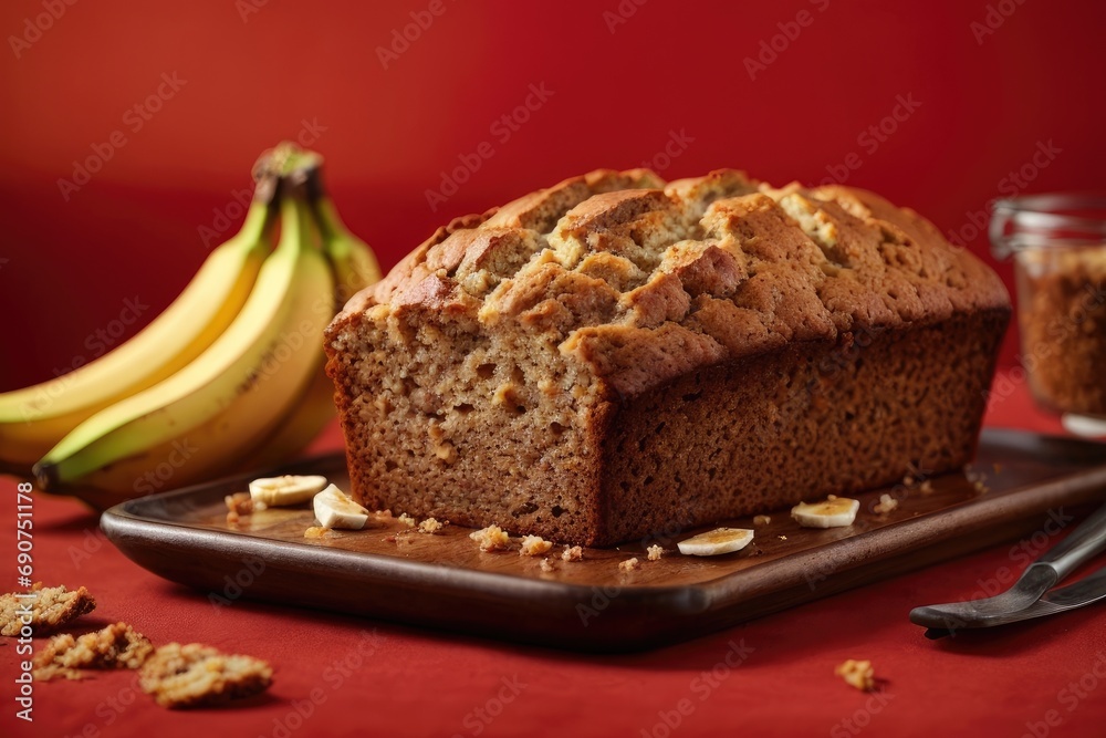 Banana bread on the table on red background, Banana cake with nuts and raisins, bread and banana, cake with chocolate and banana, chocolate cake with nuts and banana, banana cake with nuts and raisins
