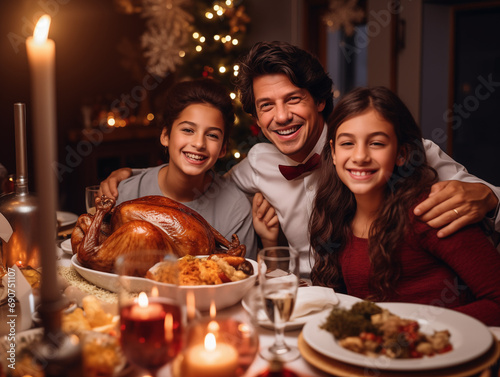 Família composta por pai e filhos, um menino e uma menina, celebrando a ceia de natal em casa, comendo um peru assado. Decoração natalina ao fundo photo