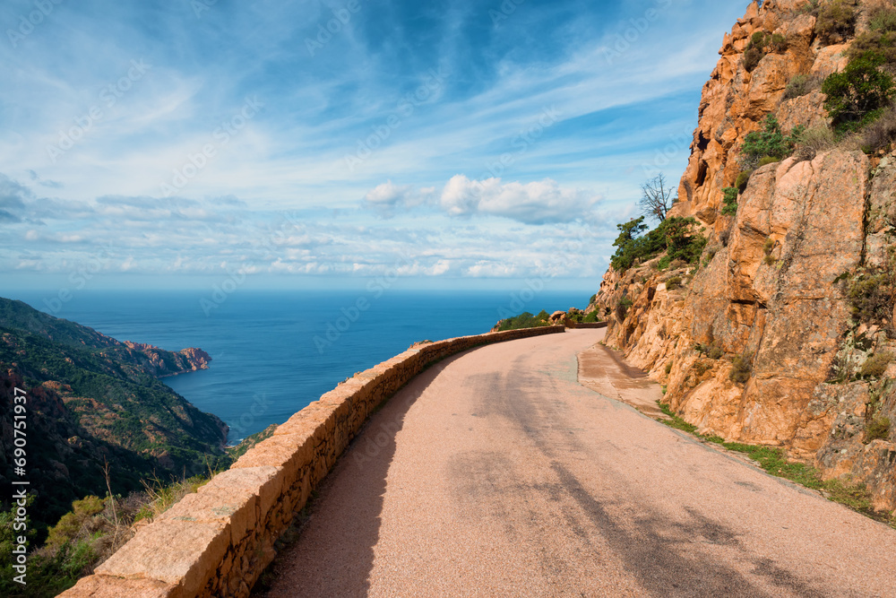 The winding roads which cross the magnificent creeks of Piana, a listed UNESCO World Heritage site in Corsica, France.