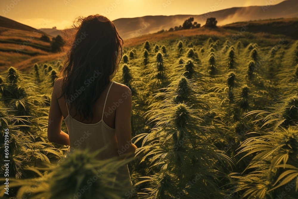 Fototapeta premium Young woman standing on cannabis field and looking at the sunset. Back view.
