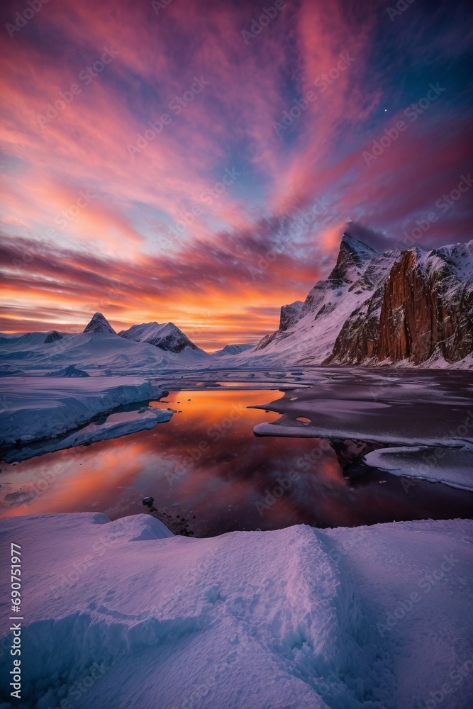 Beautiful Sunset Over Frozen Lake With Majestic Mountain Backdrop