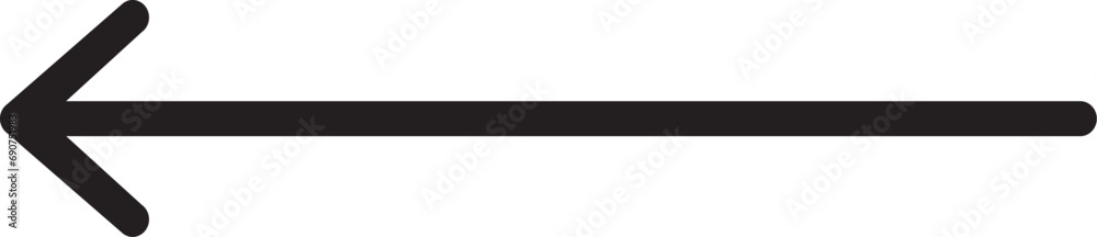 Straight long arrow, left thin line, black cursor, horizontal element, thick pointer vector icon isolated on white background. Simple illustration