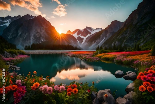 sunrise over the lake in mountains
