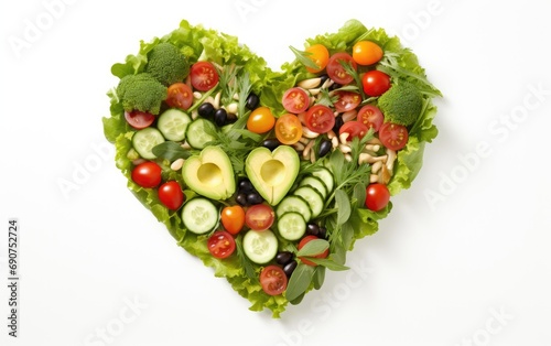 A heart shaped healthy salad on a white background