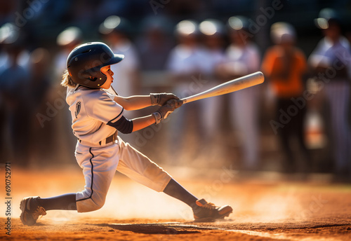 Young batter hitting the ball in a youth baseball game
