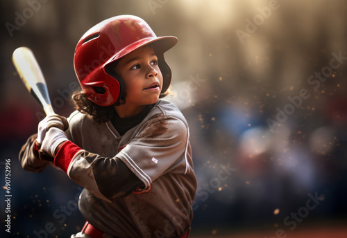 Young batter hitting the ball in a youth baseball game © DB Media