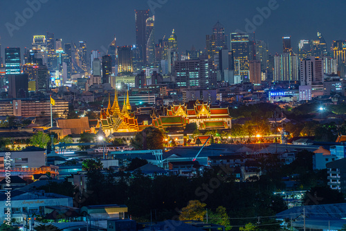 Bangkok city at night  view of city buildings  office buildings and Bodhi Day in the old city area with lights on display during the Bangkok Festival  Thailand  December 2  2023 