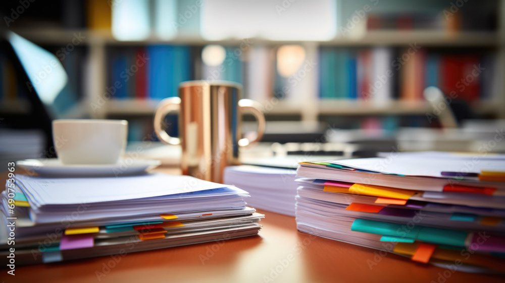 Cluttered office desk with multiple stacks of colorful papers and documents Cluttered office desk with multiple stacks of colorful papers and documents