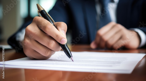 Close-up of a person s hand holding a pen and signing a document  suggesting a business or legal agreement.