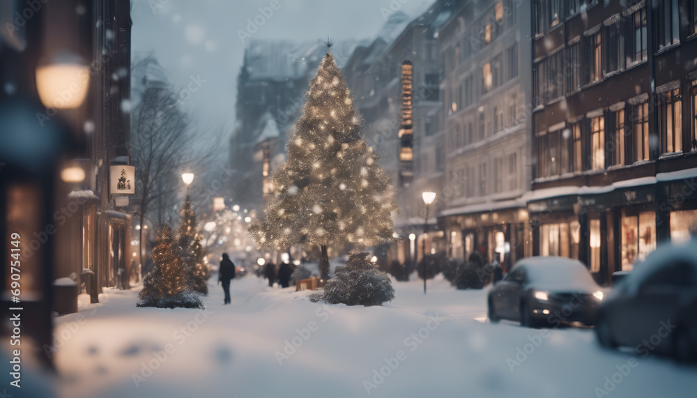 City view, lights, falling snow, night, street, bokeh spots of headlights of moving cars.