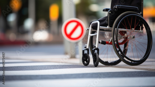 Close-up of a wheelchair crossing a street, highlighting mobility and accessibility in an urban environment.