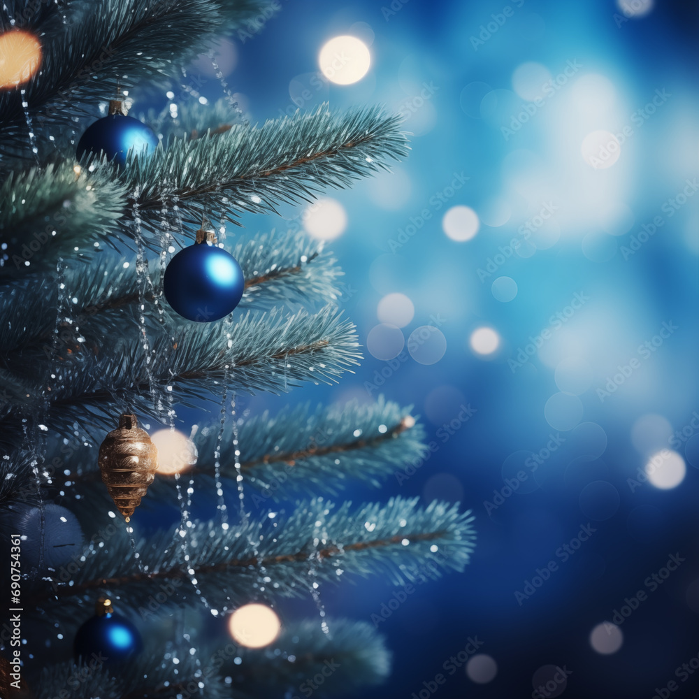 Christmas Tree With Ornaments In Blue And Bokeh Lights - Real Fir Branches With Glittering In Abstract Defocused Background - This Image Contain 3d Rendering Elements 