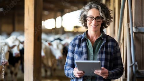 Mature woman focusing on a tablet inside a barn with cows in the background, depicting modern farming management. photo