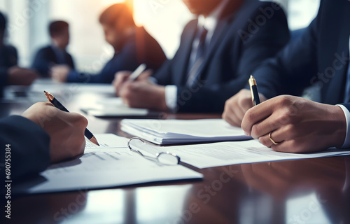 hands of businessmen sitting at the table on blurred office back