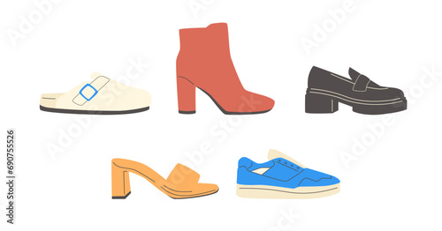 Various Shoes icons collection. Boots, sport shoes, sneaker, hiking footwear and other shoes for training. Women shoes