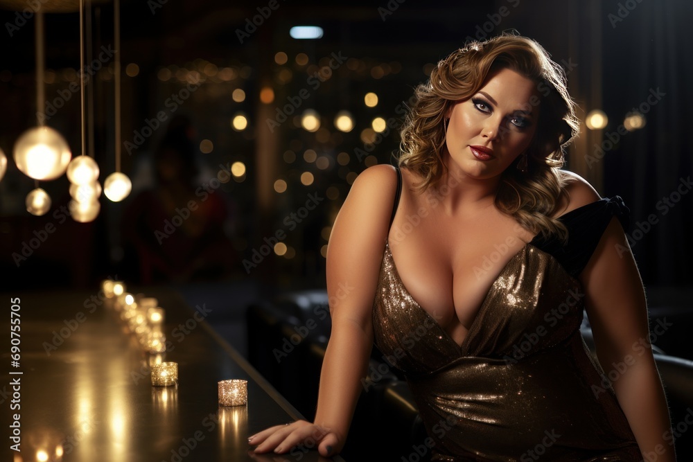 Surrounded by casino lights, a plus-size businesswoman's alluring gaze and glamorous style reflect her positivity and body positive diversity