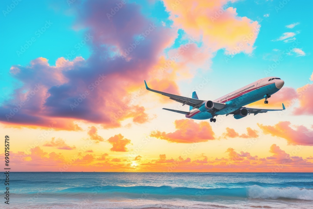 Vacations start as the aircraft ascends, a holiday trip in the summertime, an airplane journey toward relaxation and transportation in sunlight