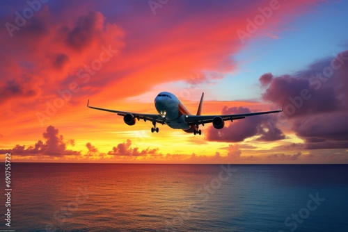 Transportation to summertime bliss, an airplane begins its journey, soaring into sunlight, promising trip relaxation and vacation holidays