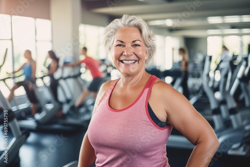 Cheerful elderly woman in fitness attire with a radiant smile at a gym, promoting active aging